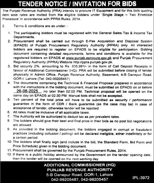 Punjab Revenue Authority Lahore Tender Notice